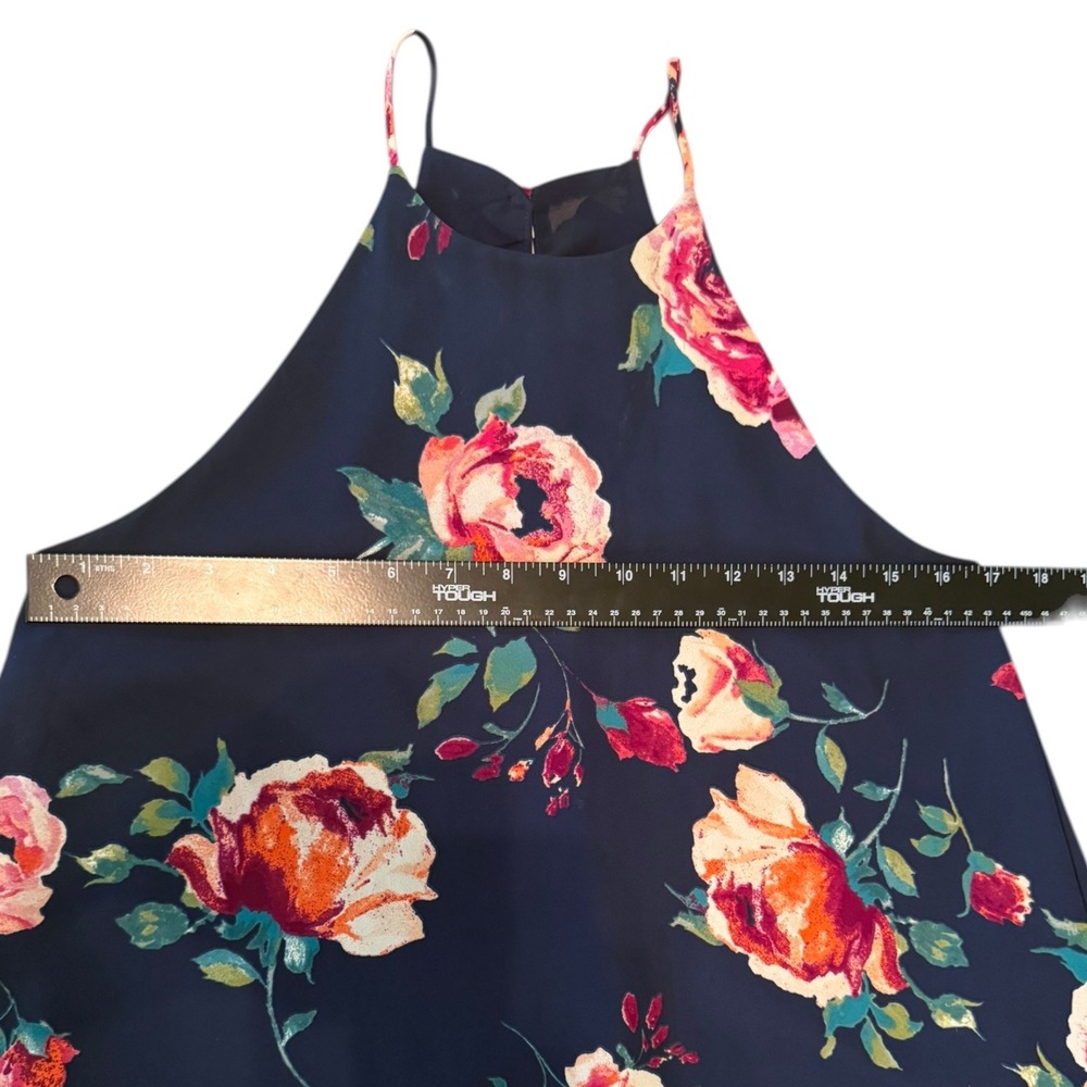 Everly Navy Blue Floral Halter Mini Dress Sleeveless Rose Print Sz Small Garden - Picture 6 of 7